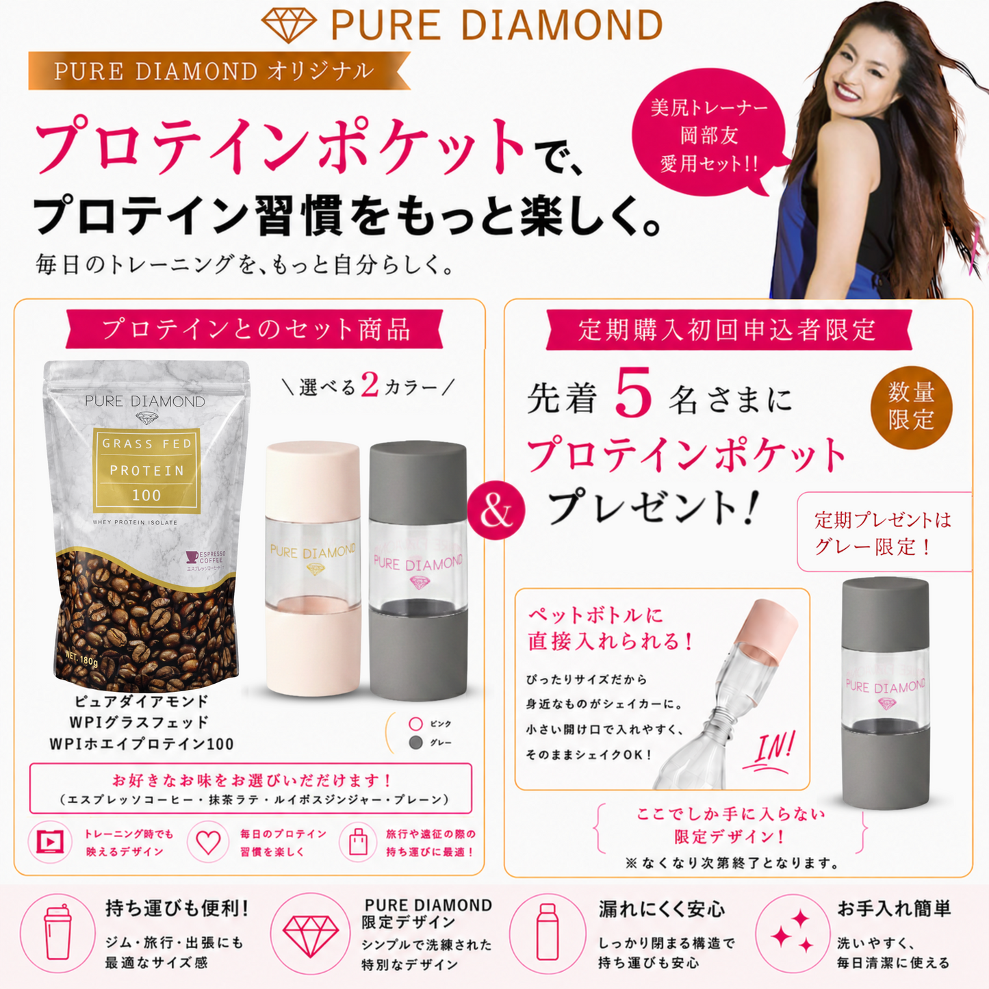 【数量限定】PURE DIAMOND プロテインポケットセット（プレーン味 × グレー）